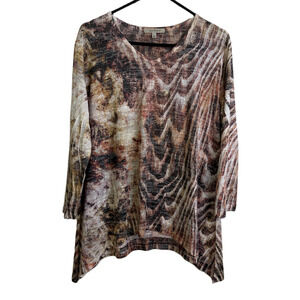 Jess and Jane Tunic Top Womens Large Shirt Brown Red Zebra Burnout Rhinestones